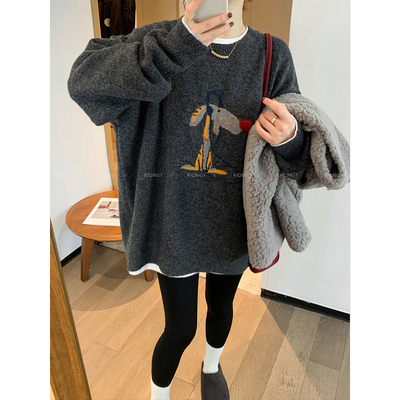 爱情魔鬼鱼圆领长袖卡通针织衫