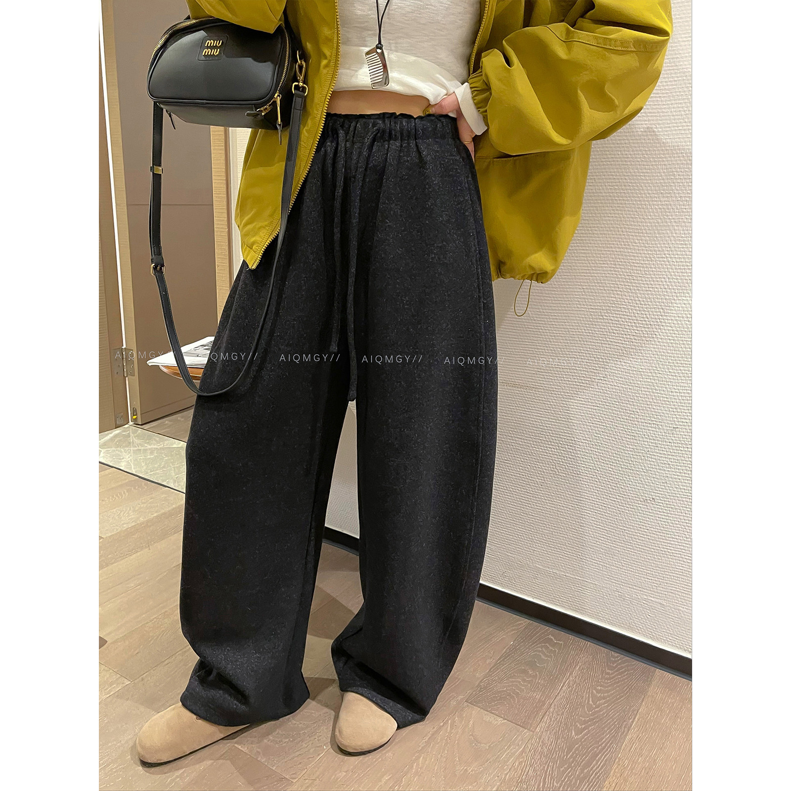 爱情魔鬼鱼 黑灰色抽绳高腰休闲裤女2025秋冬新款羊毛天丝阔腿裤,女装/女士精品,休闲裤,淘宝优惠券,粉丝福利购,淘宝优惠卷