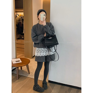 爱情魔鬼鱼 灰色针织套装女2025冬季宽松长袖上衣阔腿短裤两件套