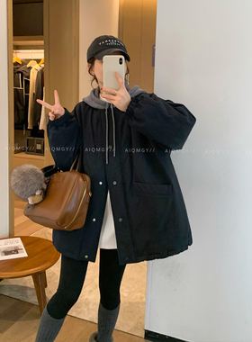 爱情魔鬼鱼 藏蓝色连帽假两件羽绒服女2025冬季新款90白鸭绒外套