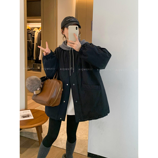 爱情魔鬼鱼 藏蓝色连帽假两件羽绒服女2025冬季新款90白鸭绒外套