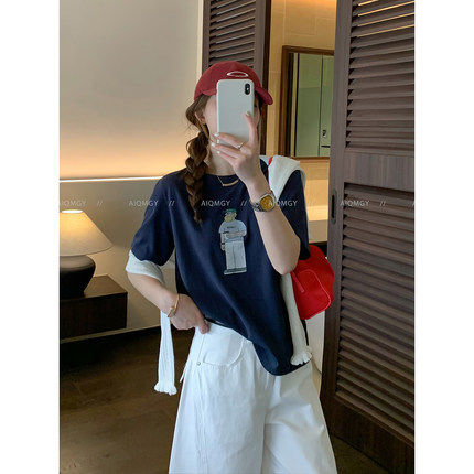 爱情魔鬼鱼 藏青色短袖圆领卡通印花T恤女2026年夏季新款宽松上衣