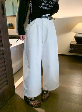 爱情魔鬼鱼 白色配腰带通勤休闲裤女2026春季新款宽松直筒阔腿裤