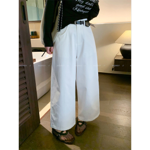 宽松直筒阔腿裤 爱情魔鬼鱼 新款 女2026春季 白色配腰带通勤休闲裤
