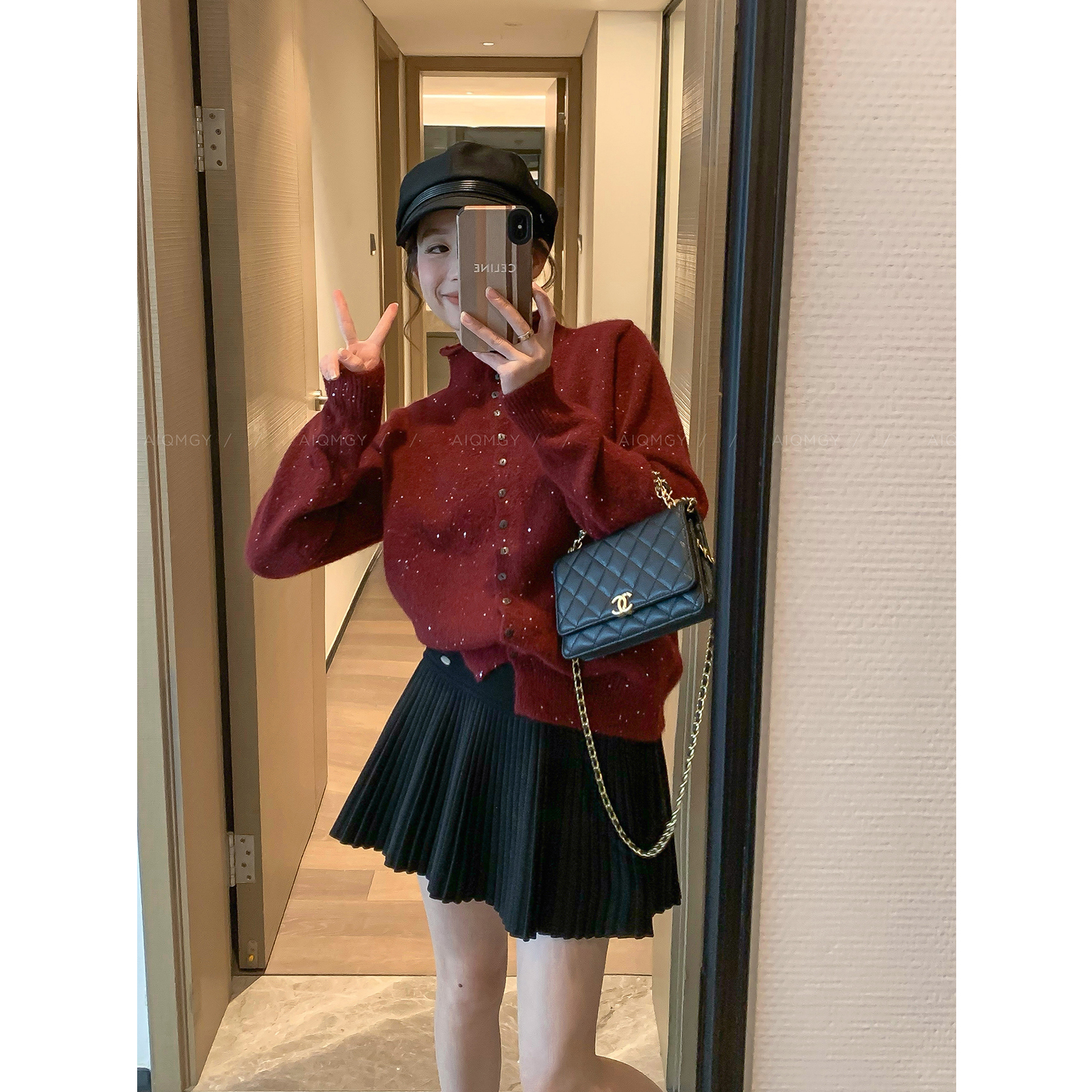 爱情魔鬼鱼 红色高领长袖亮片针织开衫女2025早秋新款单排扣上衣