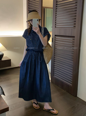 爱情魔鬼鱼 深蓝色牛仔套装女2026年夏季短袖衬衫半身长裙两件套