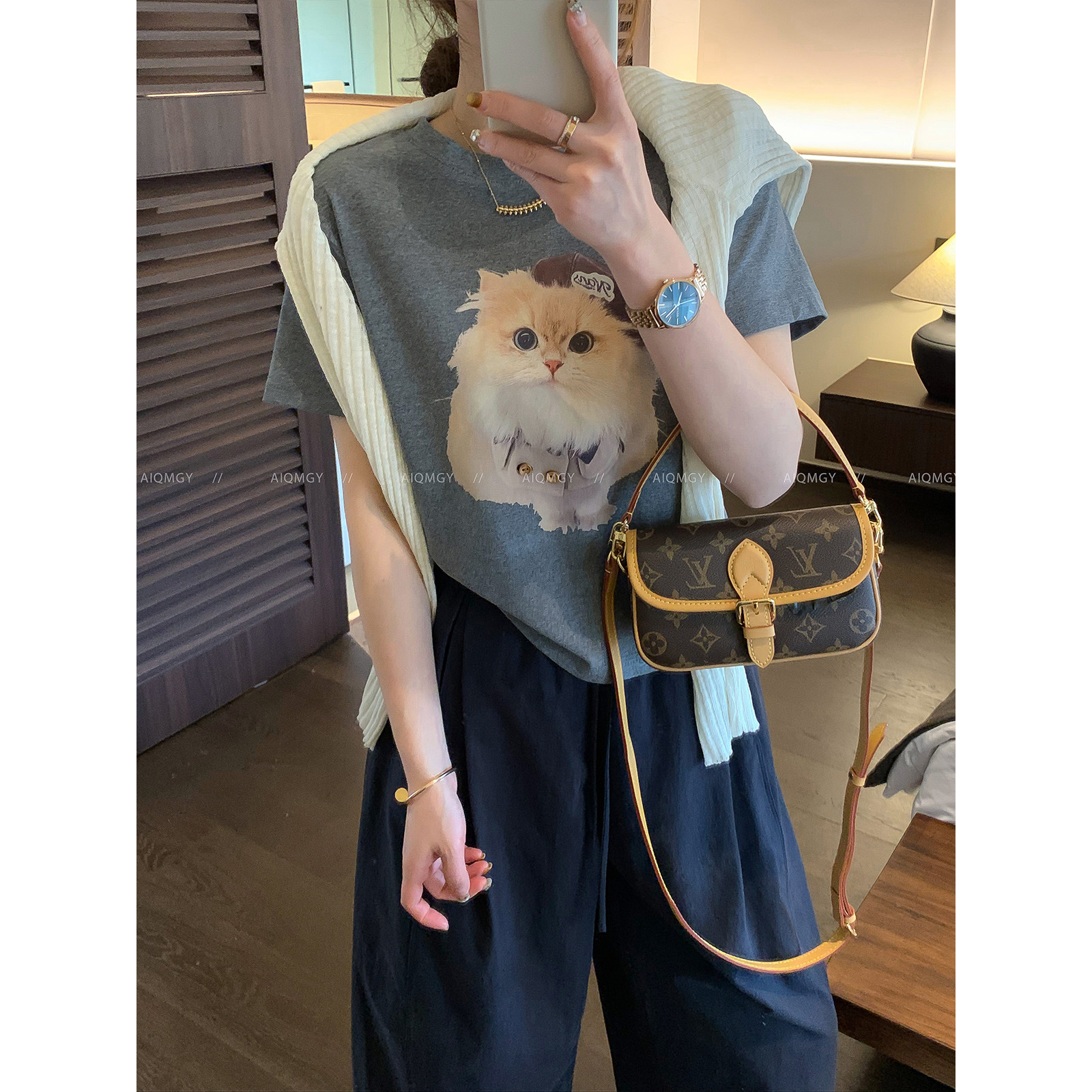 爱情魔鬼鱼 短袖圆领猫咪印花T恤女2026夏季新款时尚减龄百搭上衣