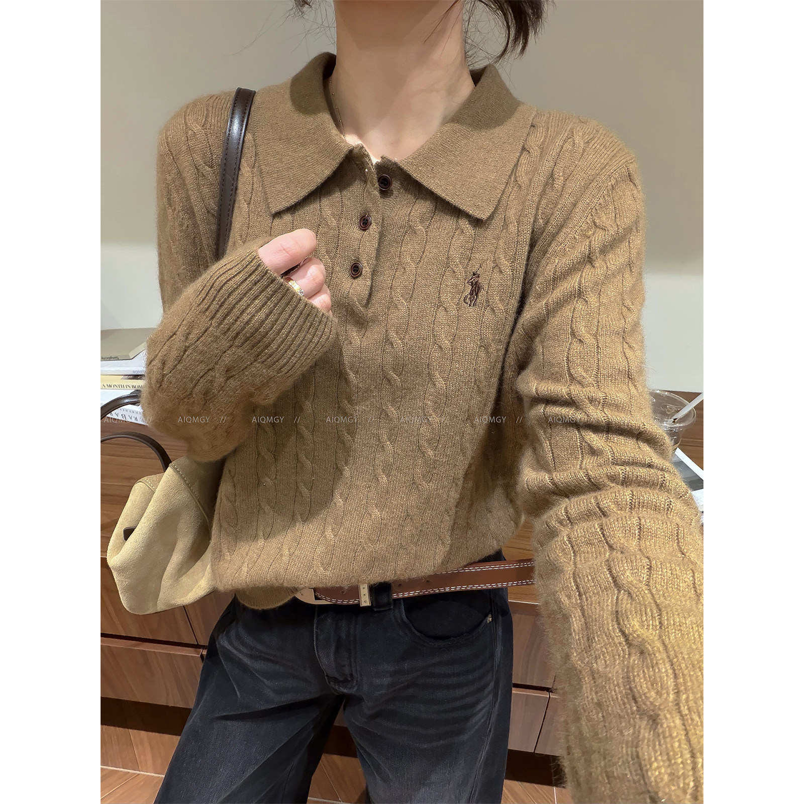 爱情魔鬼鱼 长袖半开领麻花针织羊毛毛衣女2026秋冬宽松套头上衣