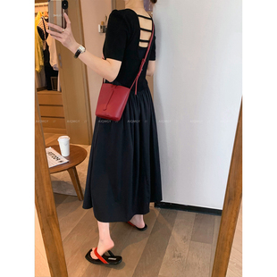 新款 露背连衣裙女2026夏季 收腰显瘦长裙 黑色圆领短袖 爱情魔鬼鱼