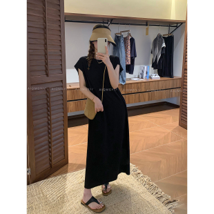 爱情魔鬼鱼 黑色短袖圆领直筒连衣裙女2026夏季新款宽松长款T恤裙