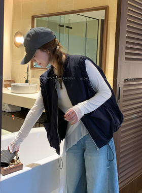 爱情魔鬼鱼 藏蓝色圆领马甲开衫外套女2026春季新款通勤百搭上衣