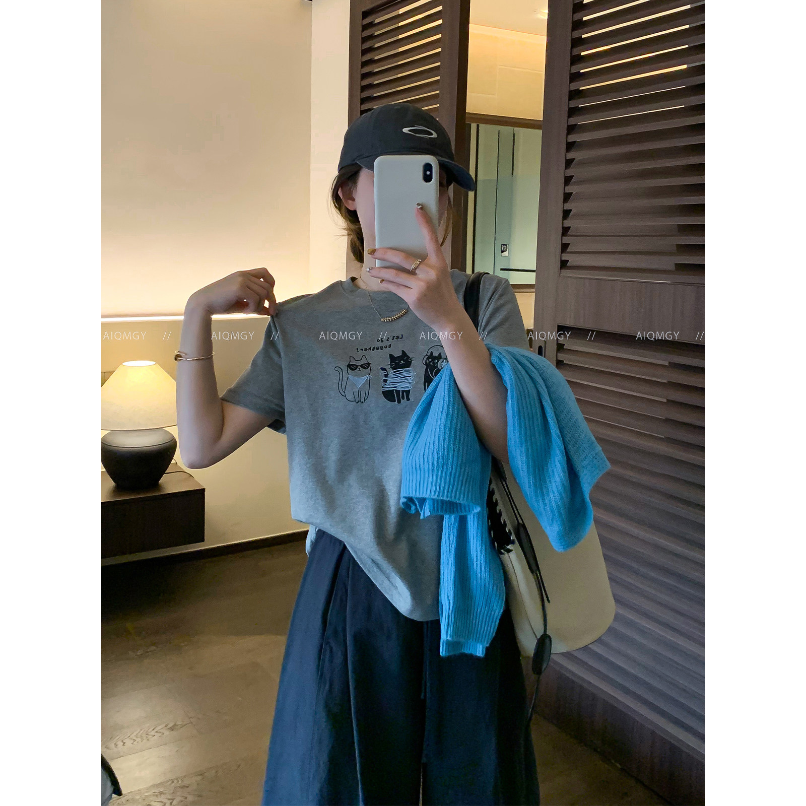 爱情魔鬼鱼 短袖圆领猫咪卡通印花T恤女2026夏季新款宽松休闲上衣