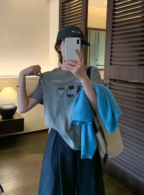 爱情魔鬼鱼 短袖圆领猫咪卡通印花T恤女2026夏季新款宽松休闲上衣