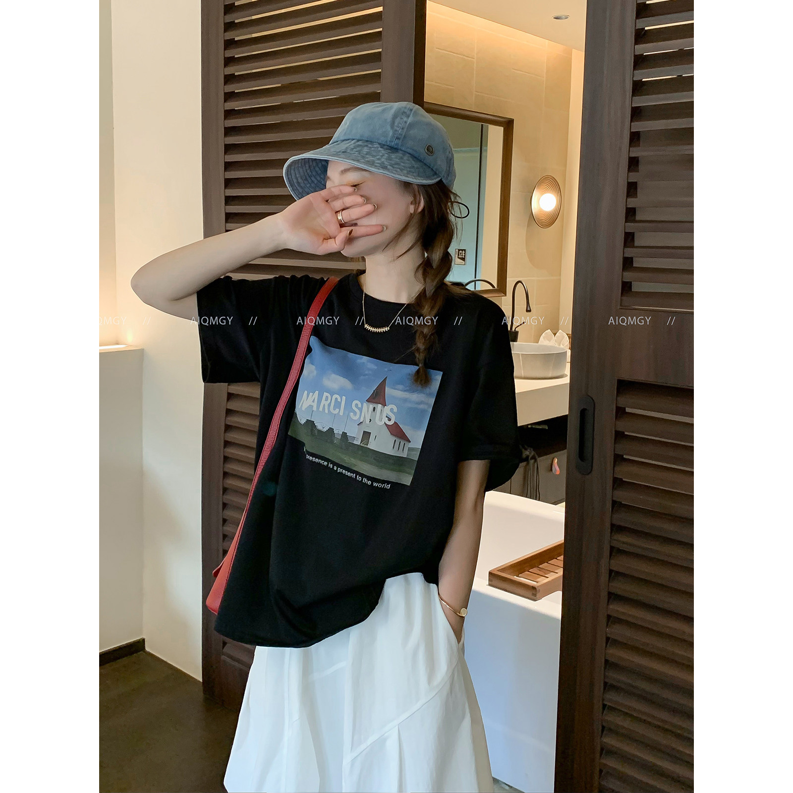 爱情魔鬼鱼 黑色短袖圆领时尚印花T恤女2026夏季新款宽松显瘦上衣