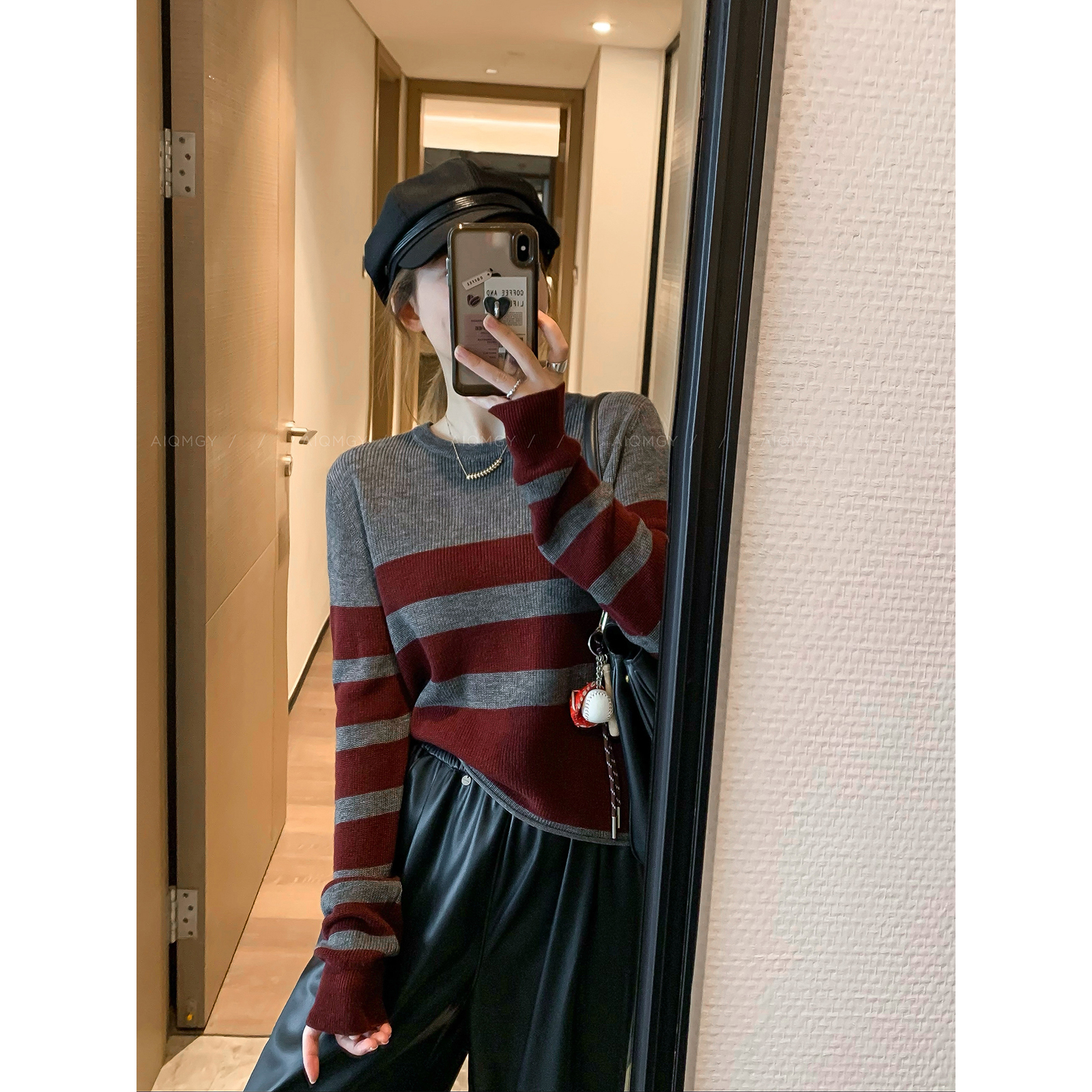 爱情魔鬼鱼 条纹撞色圆领长袖毛衣女2025年秋冬新款显瘦打底上衣