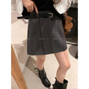 爱情魔鬼鱼 灰色配腰带高腰半身裙女2026春季新款显瘦气质A字短裙