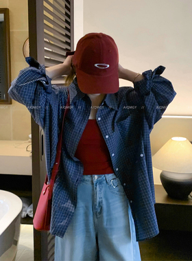 爱情魔鬼鱼 深蓝色格纹长袖衬衫女2026春季新款宽松通勤衬衣上衣