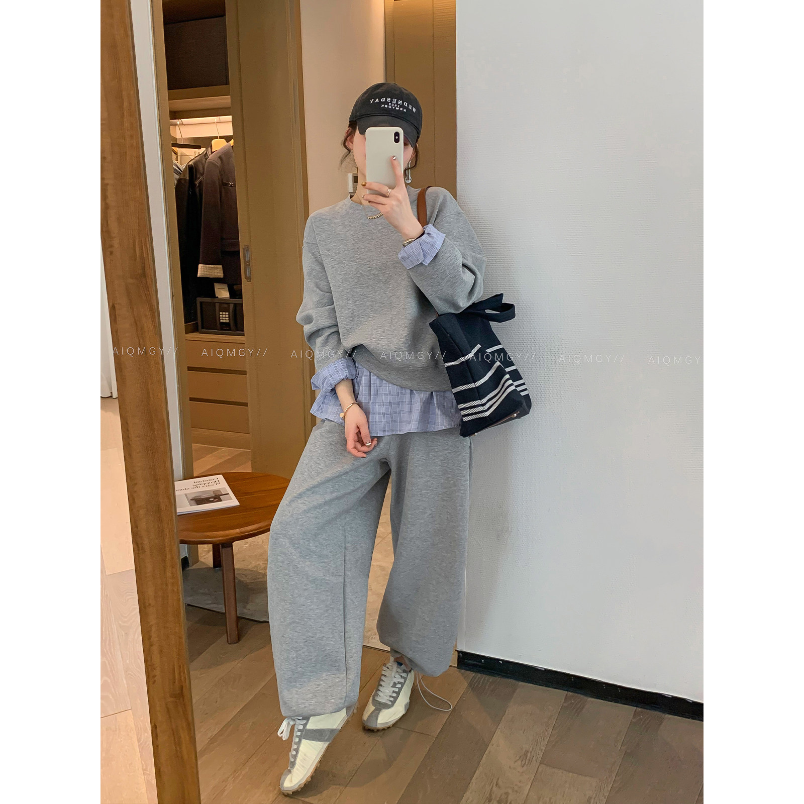 爱情魔鬼鱼 格子拼接套装女2026春季新款长袖卫衣宽松卫裤两件套