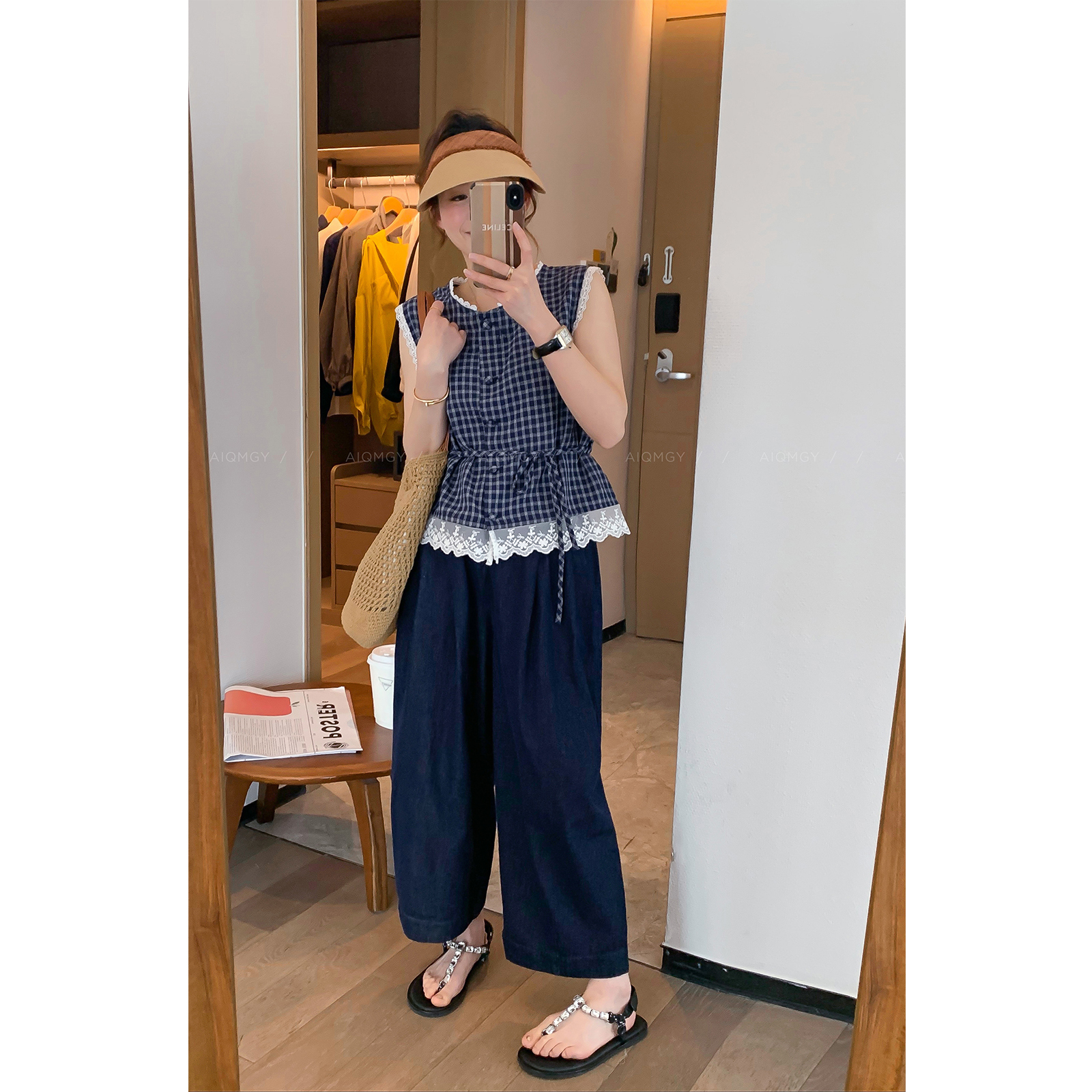 爱情魔鬼鱼 两件套装女2025夏季新款蕾丝花边格子上衣休闲阔腿裤