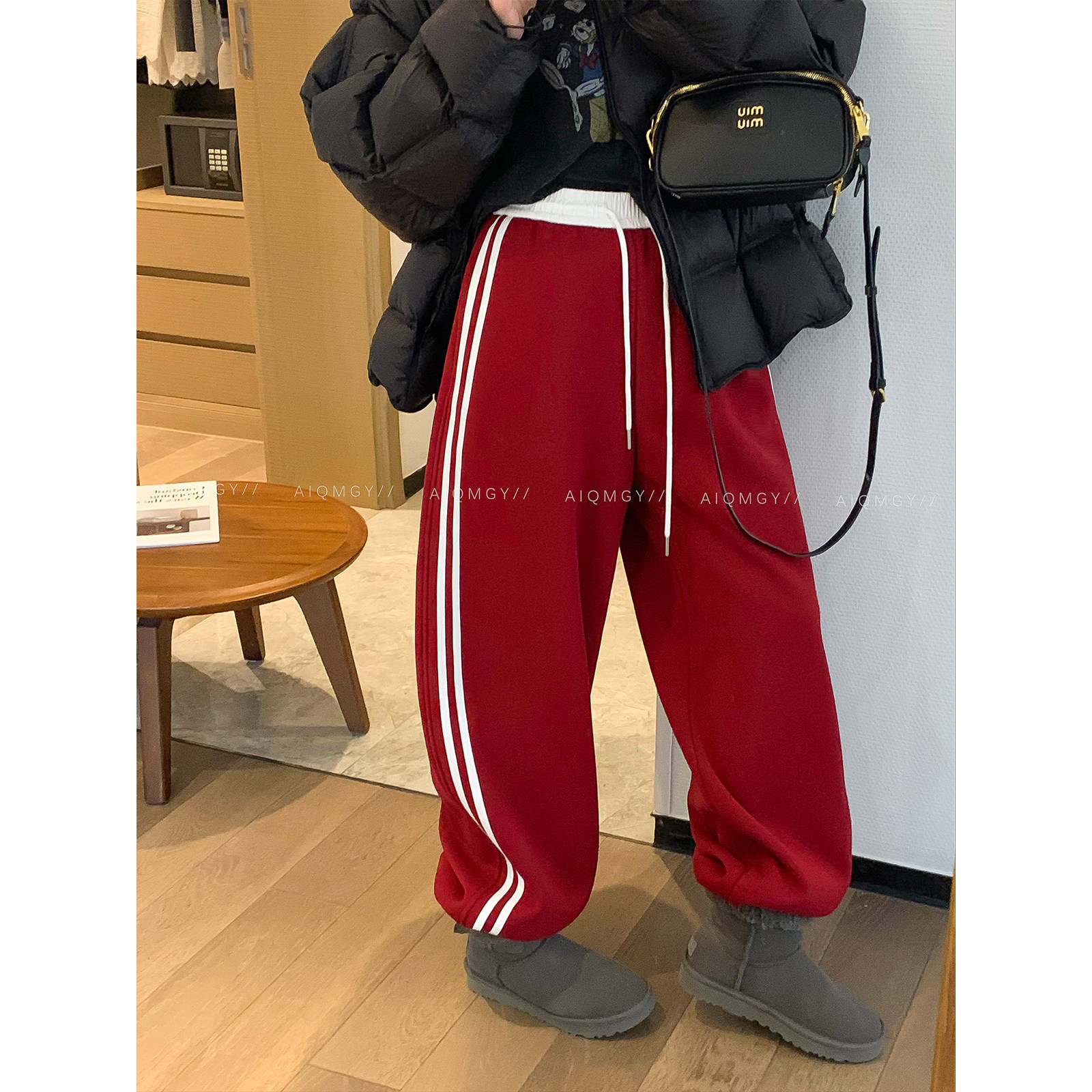 爱情魔鬼鱼 红色条纹抽绳休闲裤女2025冬季新款高腰宽松百搭长裤,女装/女士精品,休闲裤,淘宝优惠券,粉丝福利购,淘宝优惠卷