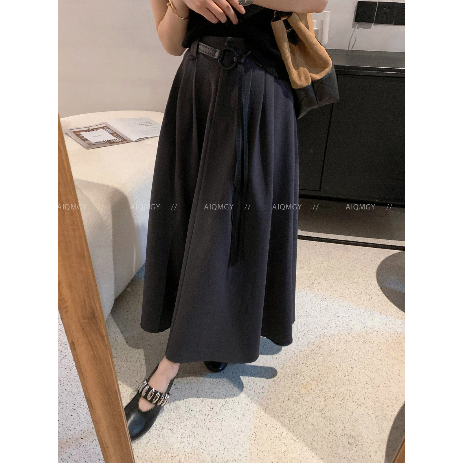 爱情魔鬼鱼 灰色配腰绳高腰半身裙女2025秋季新款显瘦A字长裙子,女装/女士精品,半身裙,淘宝优惠券,粉丝福利购,淘宝优惠卷