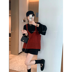 女2025秋季 套装 新款 黑色长袖 叠穿背心两件套 爱情魔鬼鱼 衬衫 时尚