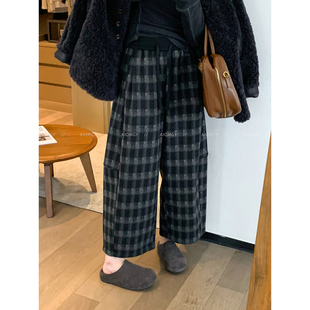 爱情魔鬼鱼 格子加绒休闲裤女2025冬季新款高腰宽松显瘦阔腿长裤