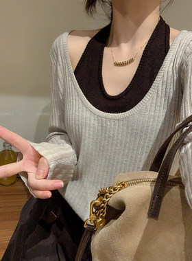 爱情魔鬼鱼撞色假两件挂脖针织衫