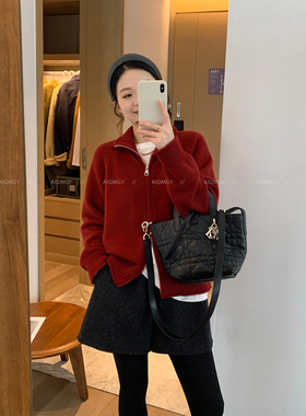 爱情魔鬼鱼 红色双拉链浣熊绒针织衫女2025冬季新款加厚羊毛上衣