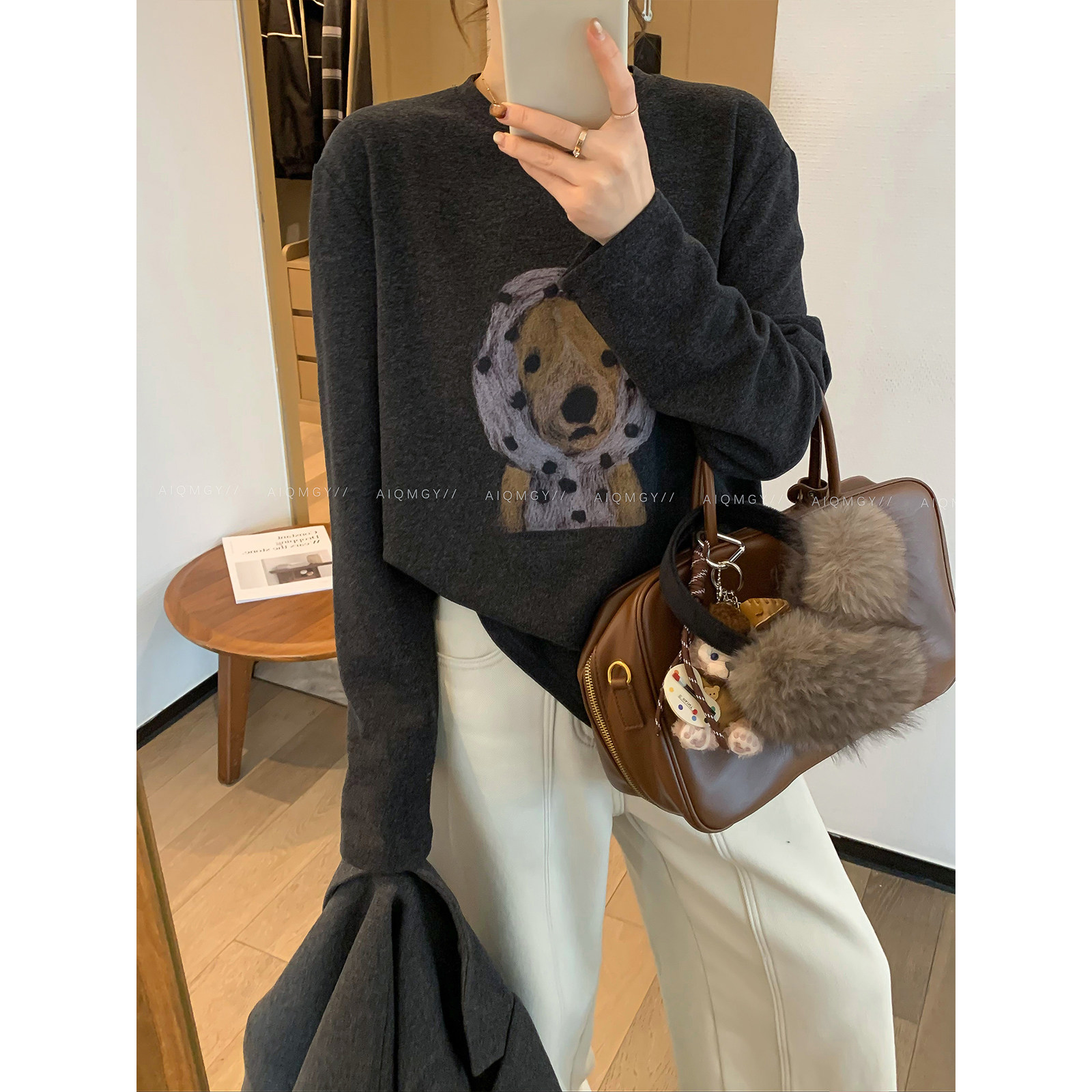 爱情魔鬼鱼 长袖圆领小狗印花T恤女2025冬季新款加厚宽松显瘦上衣