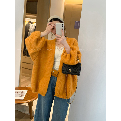 爱情魔鬼鱼 橘色针织开衫毛衣外套女2025年秋冬新款宽松羊毛上衣