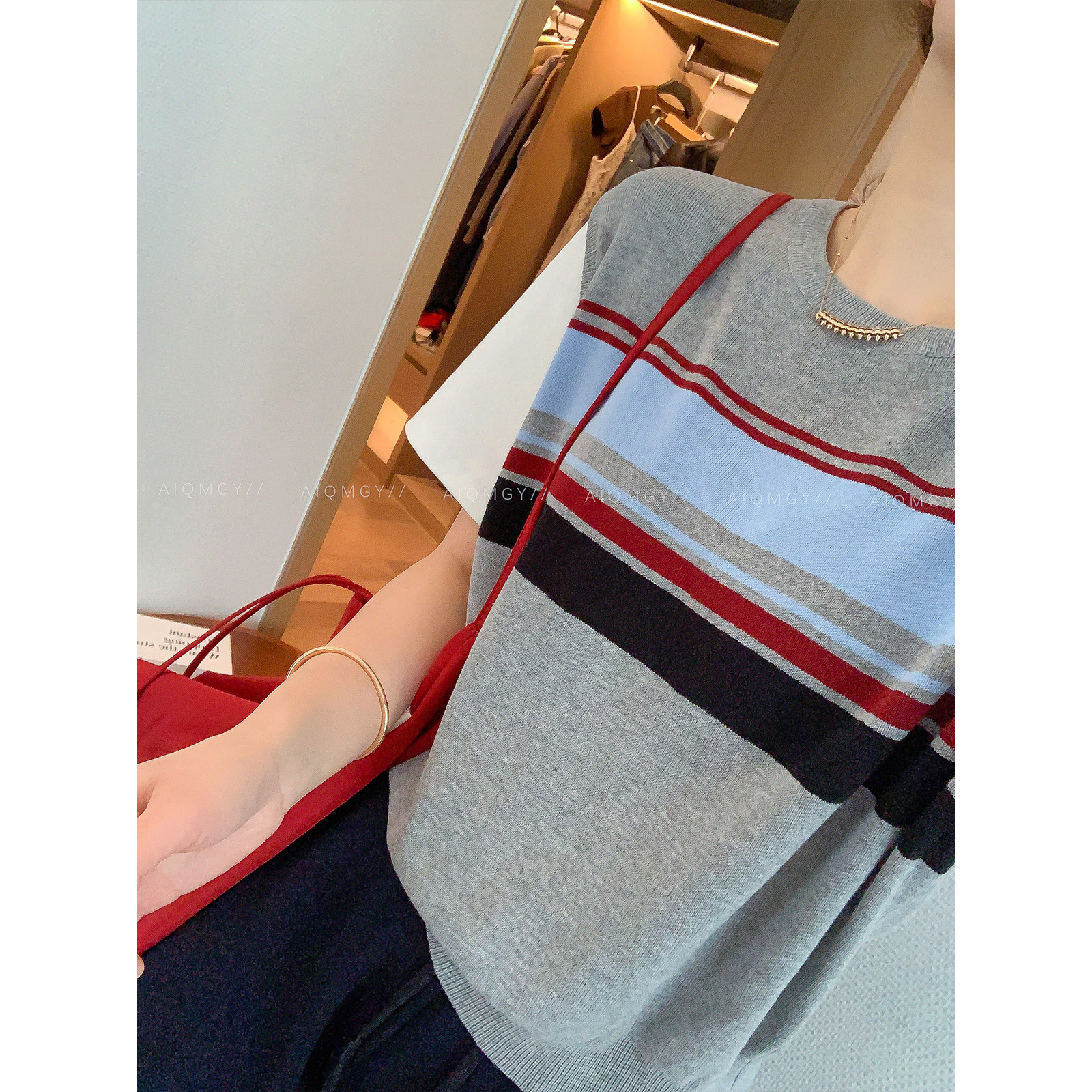 爱情魔鬼鱼 短袖圆领条纹假两件针织T恤女2026年春季新款减龄上衣