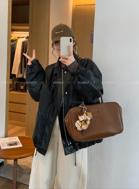 爱情魔鬼鱼 黑色翻领皮衣羽绒服女2025冬季新款时尚宽松显瘦外套