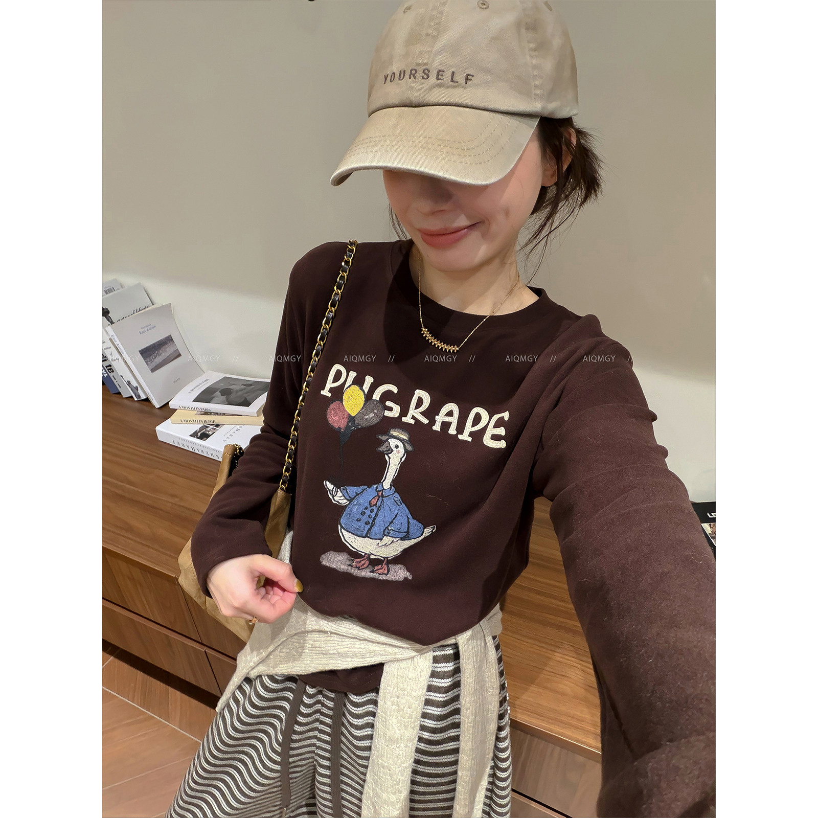 爱情魔鬼鱼 长袖圆领小鸭卡通印花T恤女2026年秋季新款打底衫上衣