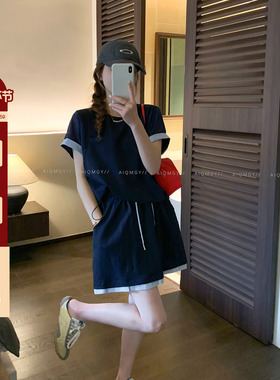 爱情魔鬼鱼 藏蓝色套装女2026夏季新款圆领短袖T恤休闲短裤两件套