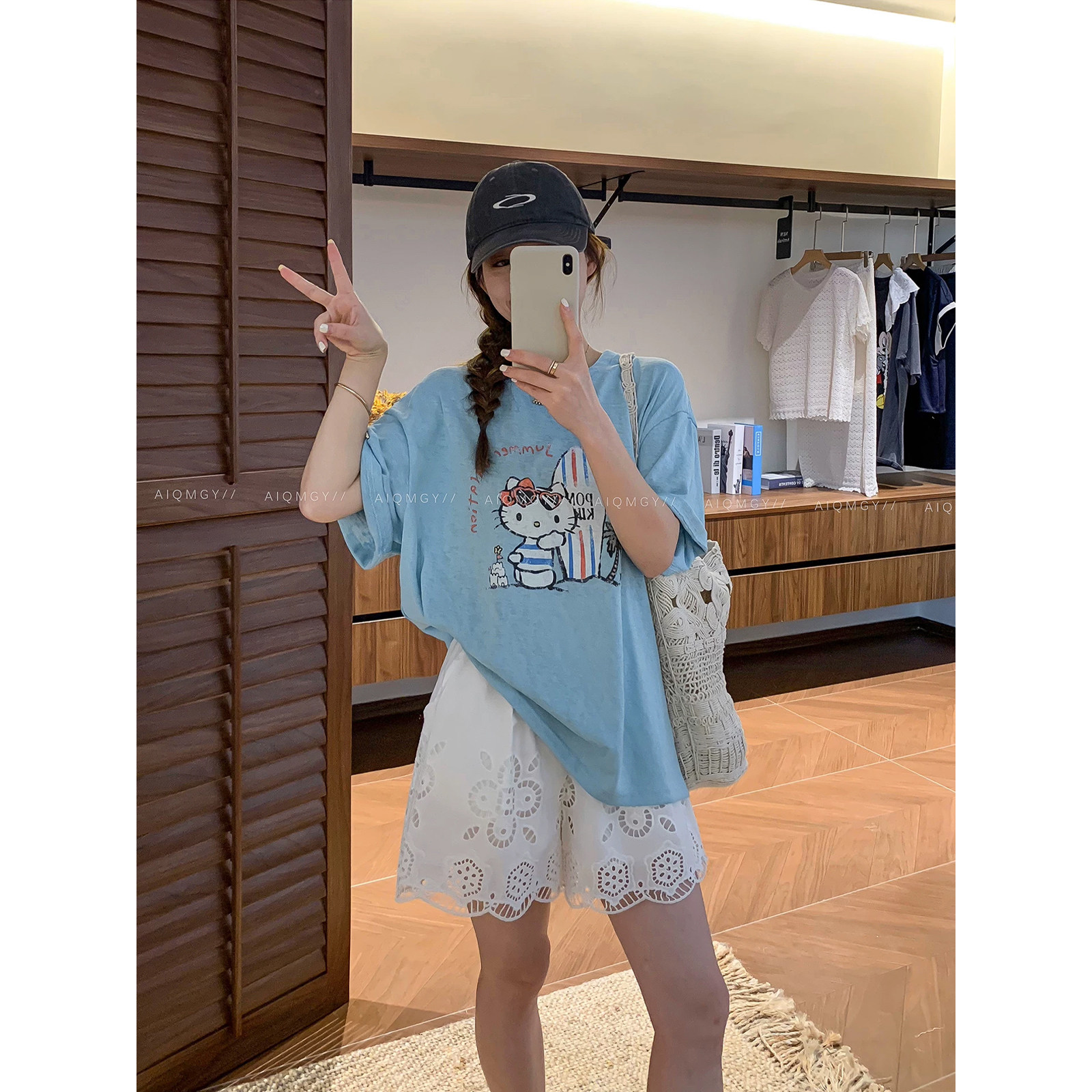 爱情魔鬼鱼 蓝色圆领卡通字母印花T恤女2026夏季新款宽松显瘦上衣