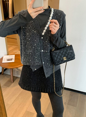 爱情魔鬼鱼 时尚两件套装女2025冬季新款亮闪针织马甲长袖打底衫