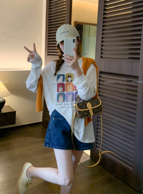 爱情魔鬼鱼 白色圆领长袖卡通印花T恤女2026夏季新款宽松显瘦上衣