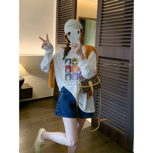 爱情魔鬼鱼 白色圆领长袖卡通印花T恤女2026夏季新款宽松显瘦上衣