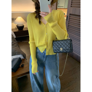 新款 女2026春季 宽松上衣 纯色V领坑条天丝亚麻针织开衫 爱情魔鬼鱼