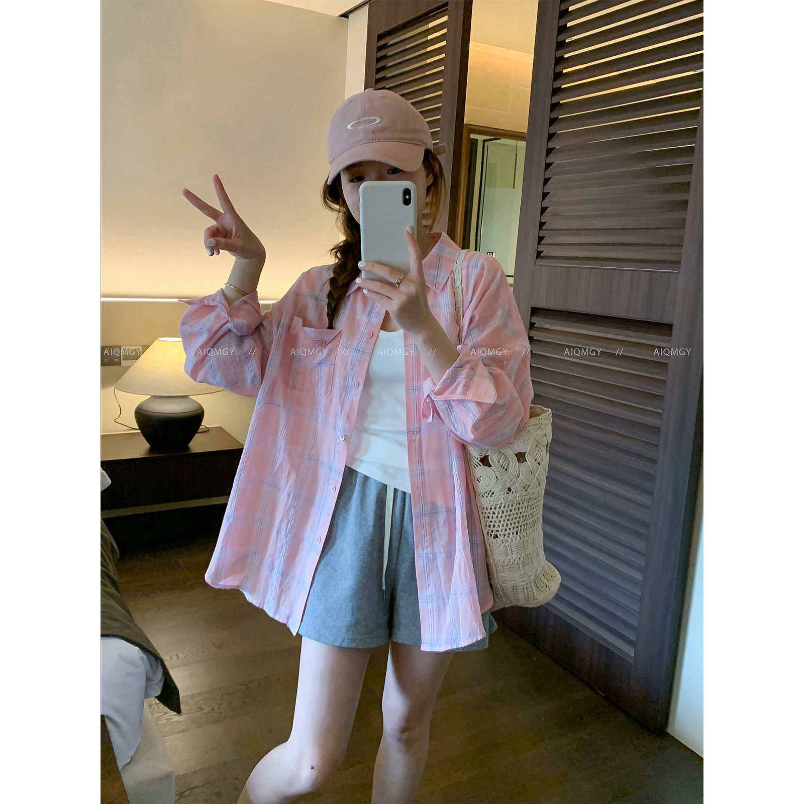 爱情魔鬼鱼 粉色格子长袖纯棉衬衫女2026年夏季新款宽松通勤上衣