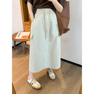 新款 半身裙女2026春季 直筒开叉长裙子 杏色松紧腰工装 爱情魔鬼鱼