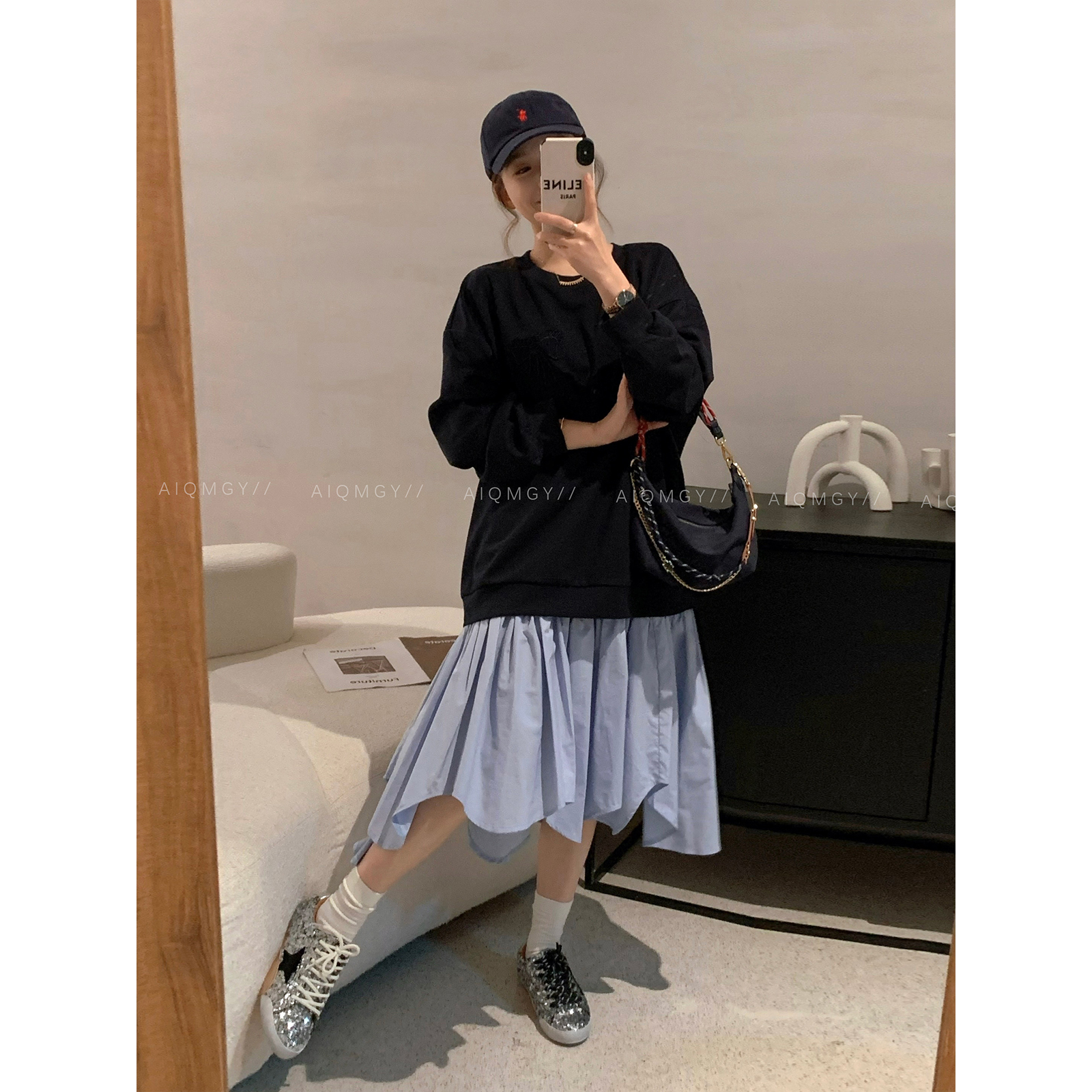 爱情魔鬼鱼 撞色拼接圆领长袖连衣裙女2025年秋季新款假两件长裙
