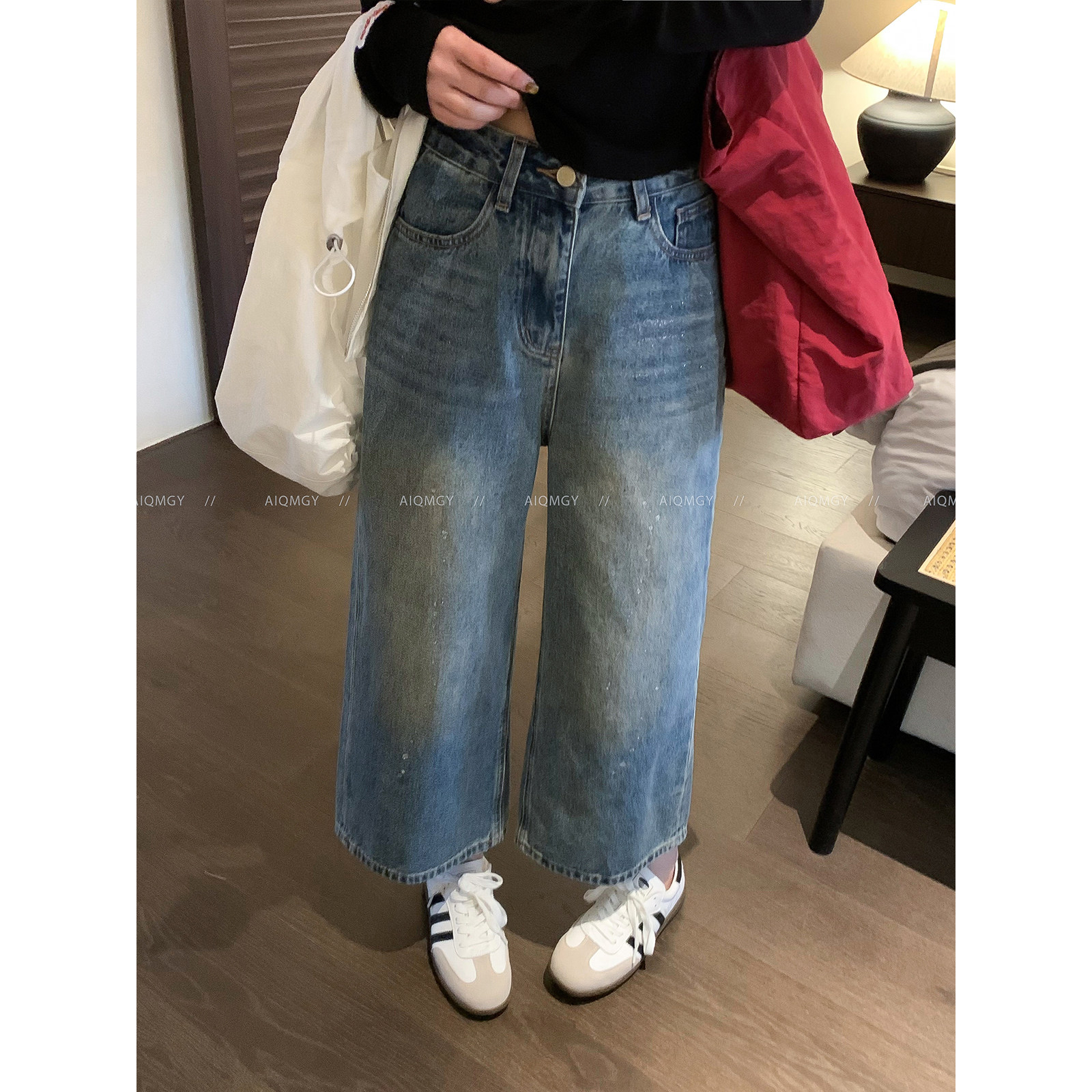 爱情魔鬼鱼 蓝色复古水洗牛仔裤女2026春季新款宽松直筒阔腿裤子