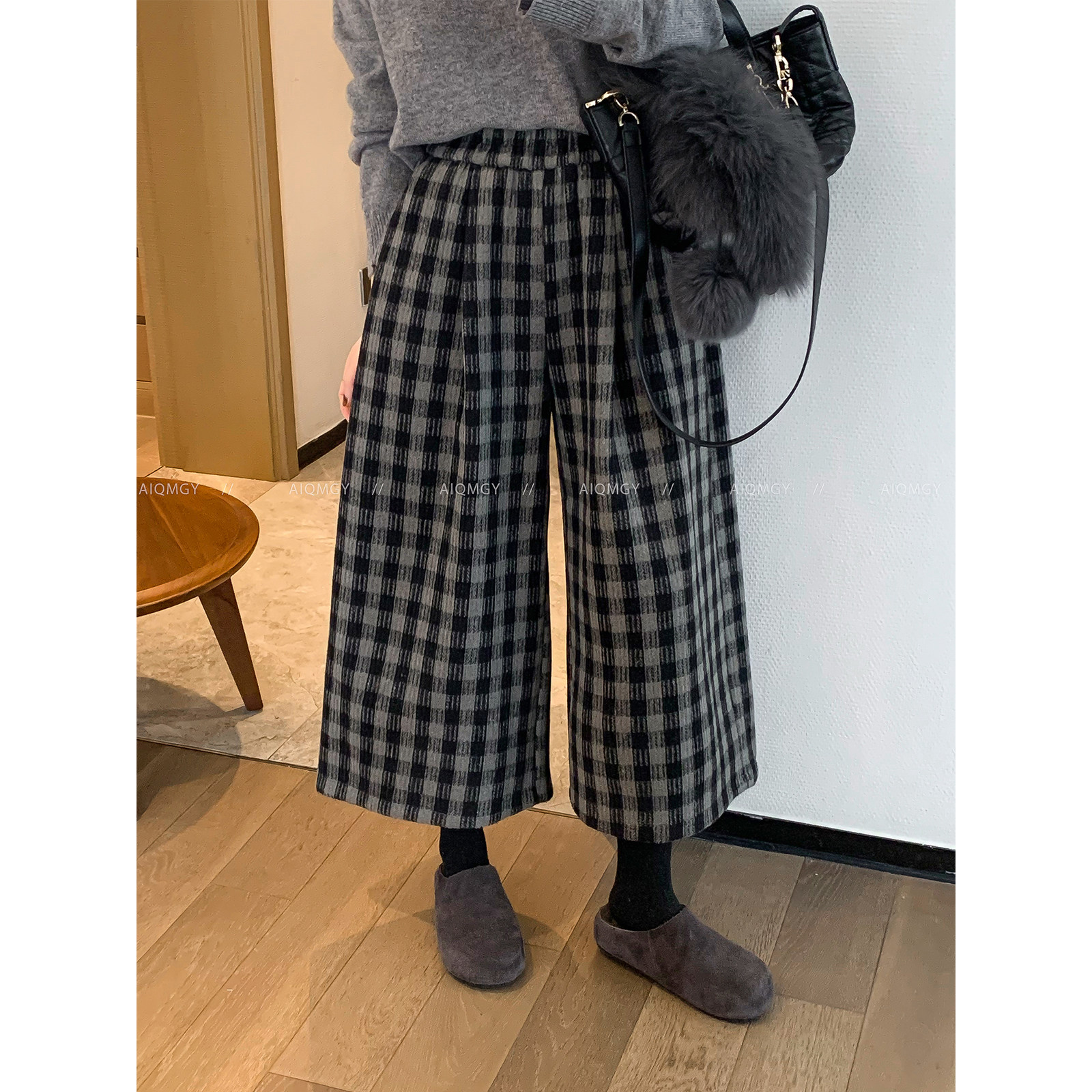 爱情魔鬼鱼格子加绒休闲裤