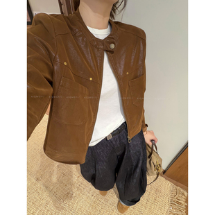 爱情魔鬼鱼 棕色圆领皮衣夹克外套女2026秋季新款时尚机车服上衣