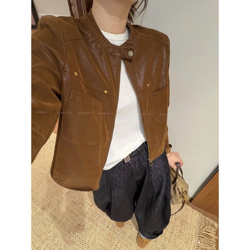 爱情魔鬼鱼 棕色圆领皮衣夹克外套女2026秋季新款时尚机车服上衣