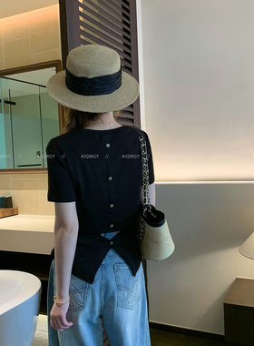 爱情魔鬼鱼 黑色短袖圆领后背扣子镂空修身T恤女2026夏季新款上衣