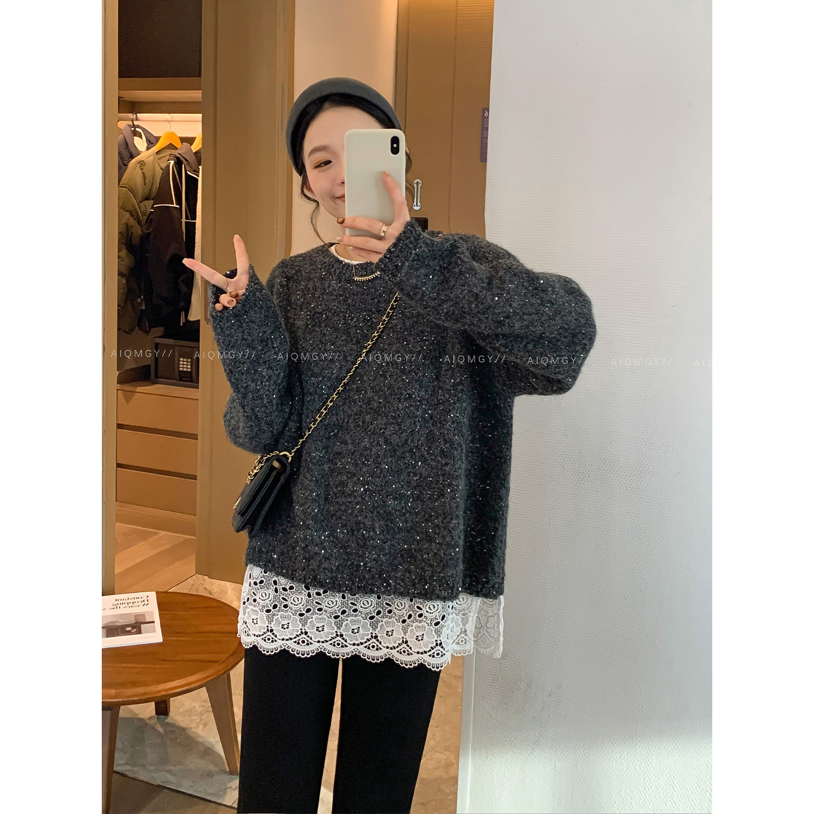 爱情魔鬼鱼 深灰色长袖圆领亮闪针织衫女2025年冬季时尚宽松上衣