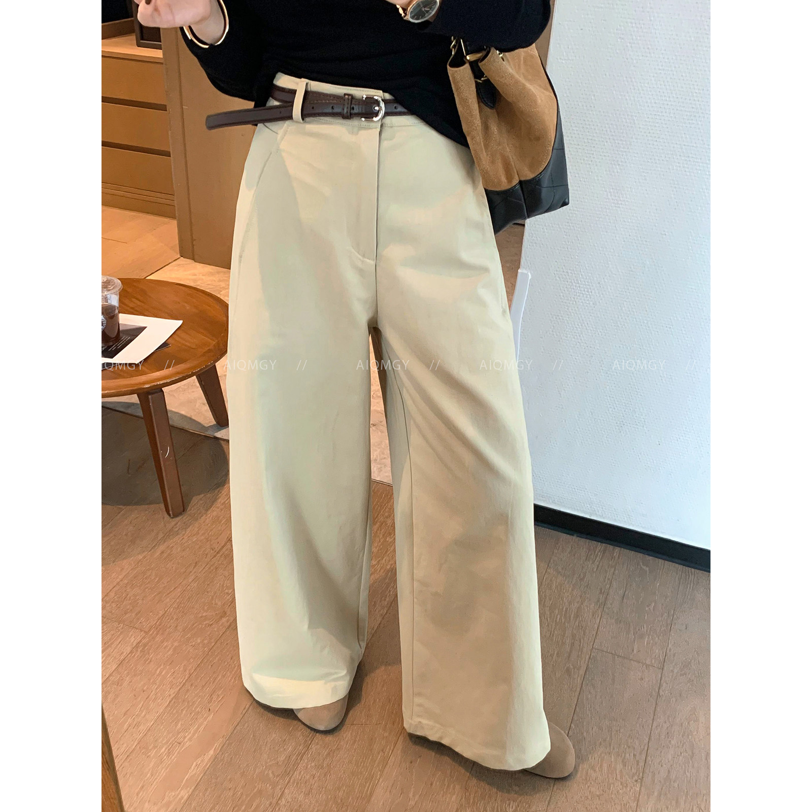 爱情魔鬼鱼 白色配腰带纯棉休闲西装裤女2025秋冬新款直筒阔腿裤,女装/女士精品,休闲裤,淘宝优惠券,粉丝福利购,淘宝优惠卷